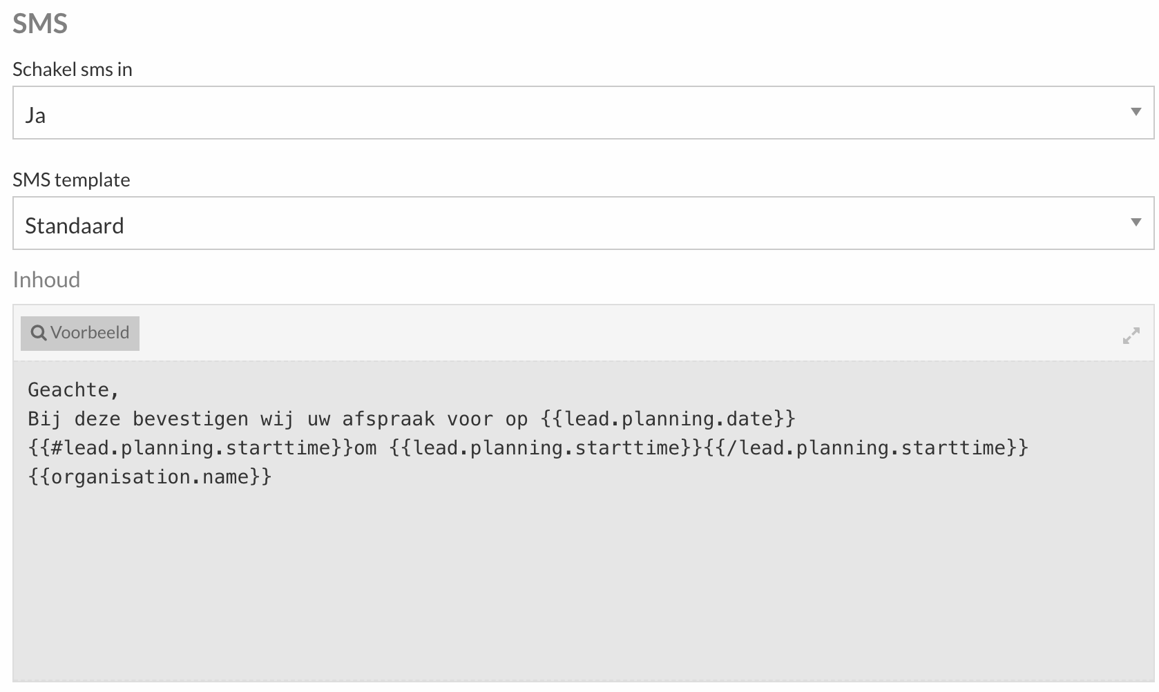 Sms-instellingen voor de afspraakbevestiging