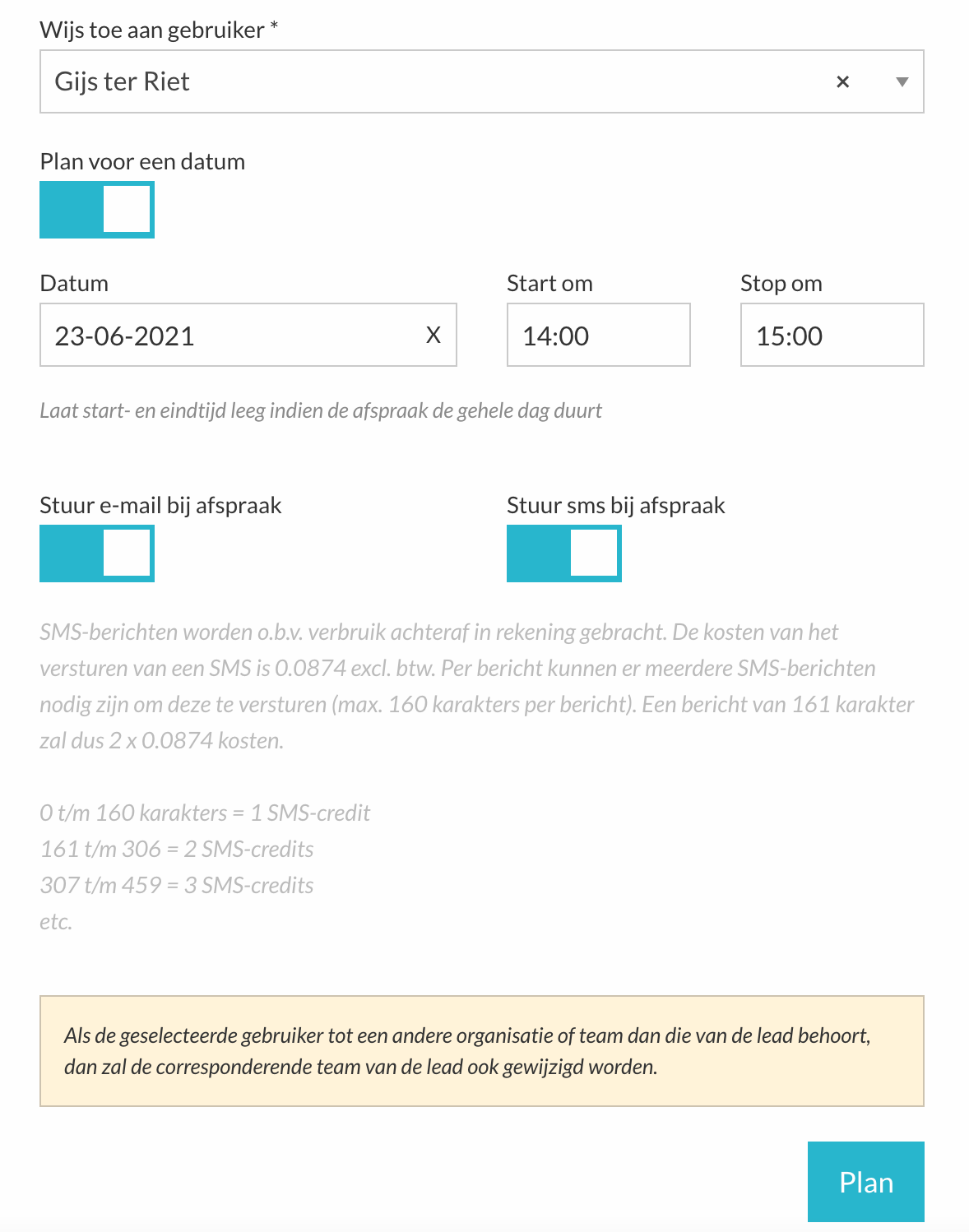 Schakelaars tijdens het inplannen van een afspraak
