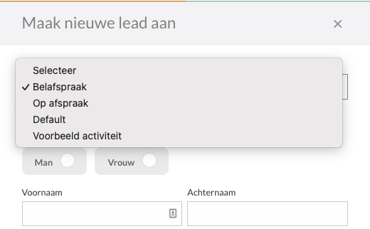 Een activiteit selecteren bij het aanmaken van een lead