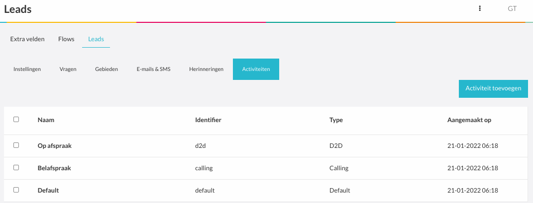 Overzicht van activiteiten onder Instellingen, Leads, Activiteiten