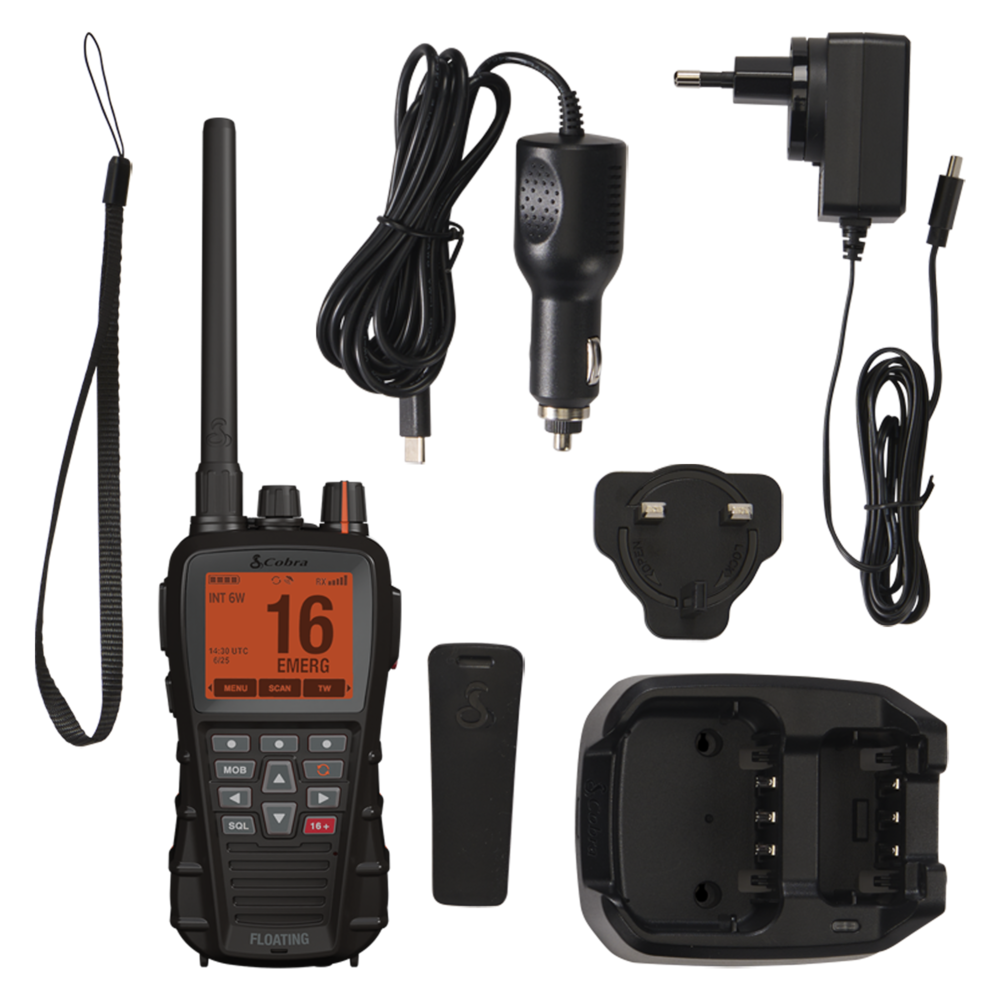 Image of BlueBound 650 radio and its charging base, USB-C to 12volt DC charging cable, USB-C to AC charging adapter, belt clip and wrist strap