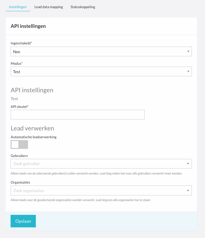 Instellingen-tab HubSpot Lead