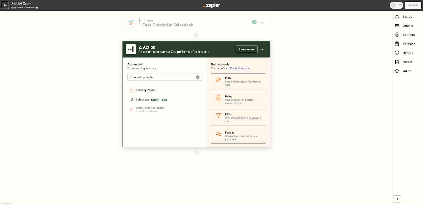 Create Task-actie van Salesdock