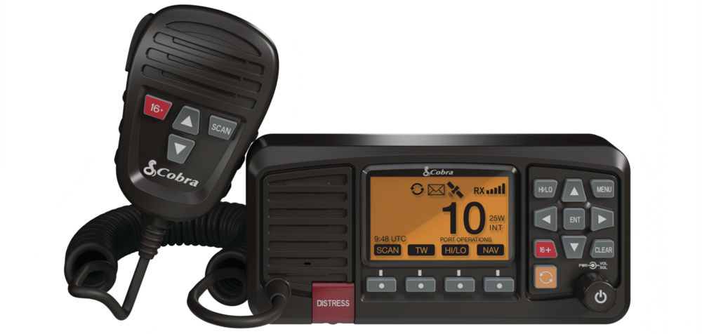 Cobra BlueBound Marine 1350E VHF with Microphone powered on with sample display image