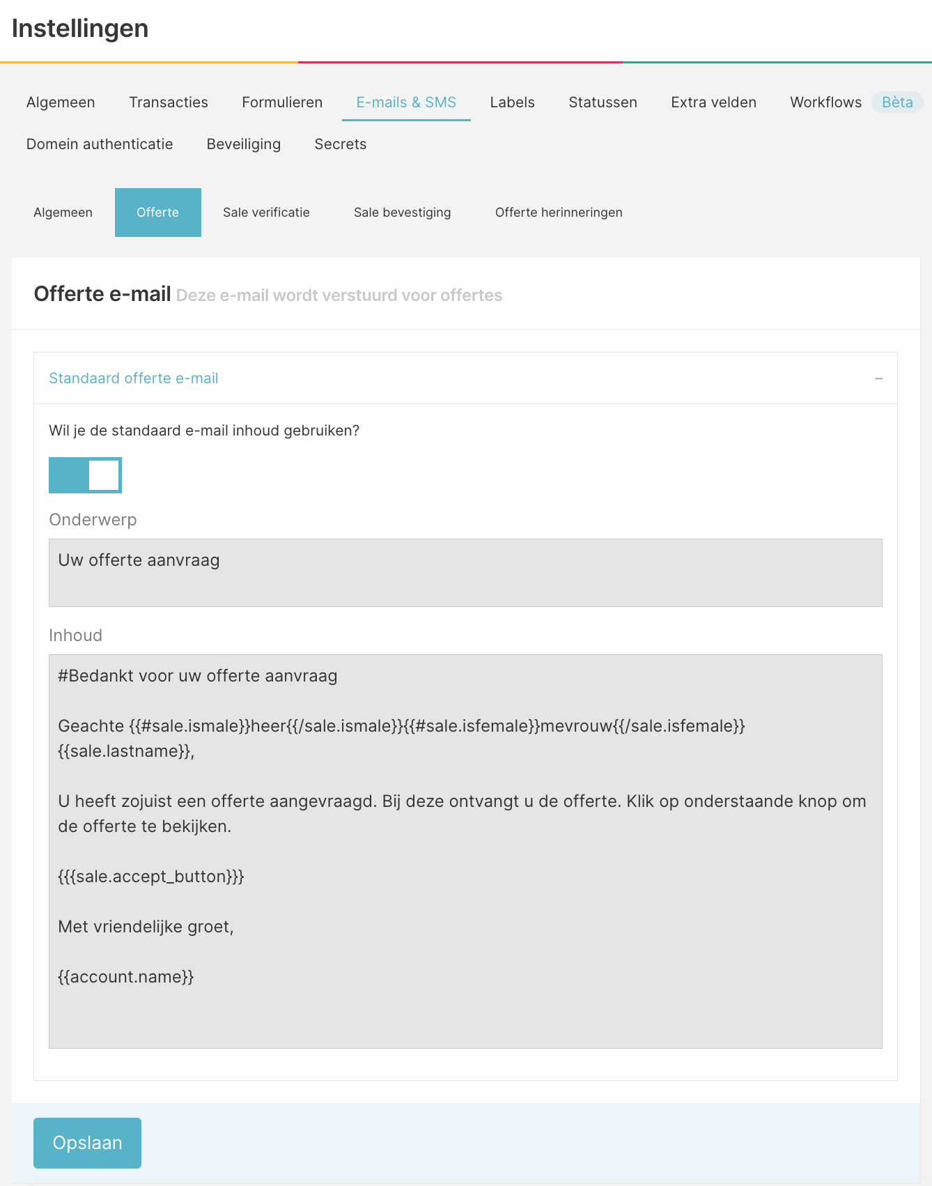 Instellingen, E-mails en SMS met de tekst-editor voor onderwerp en inhoud van de e-mail