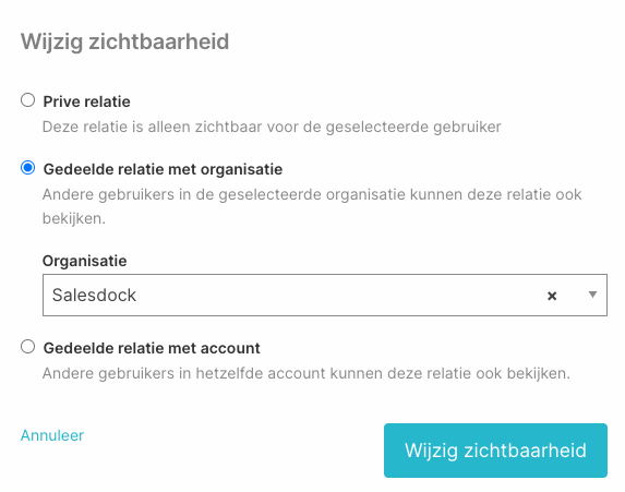 De bulkactie Wijzig zichtbaarheid met de drie zichtbaarheidsopties