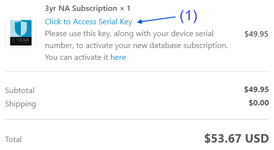 Order confirmation email for the license key purchase with arrow indicating license key link