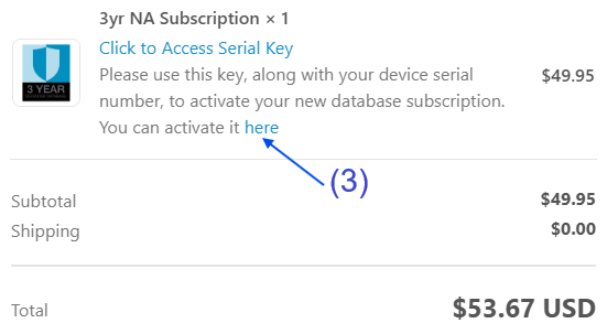 Order confirmation email for the license key purchase with arrow indicating subscription activation link