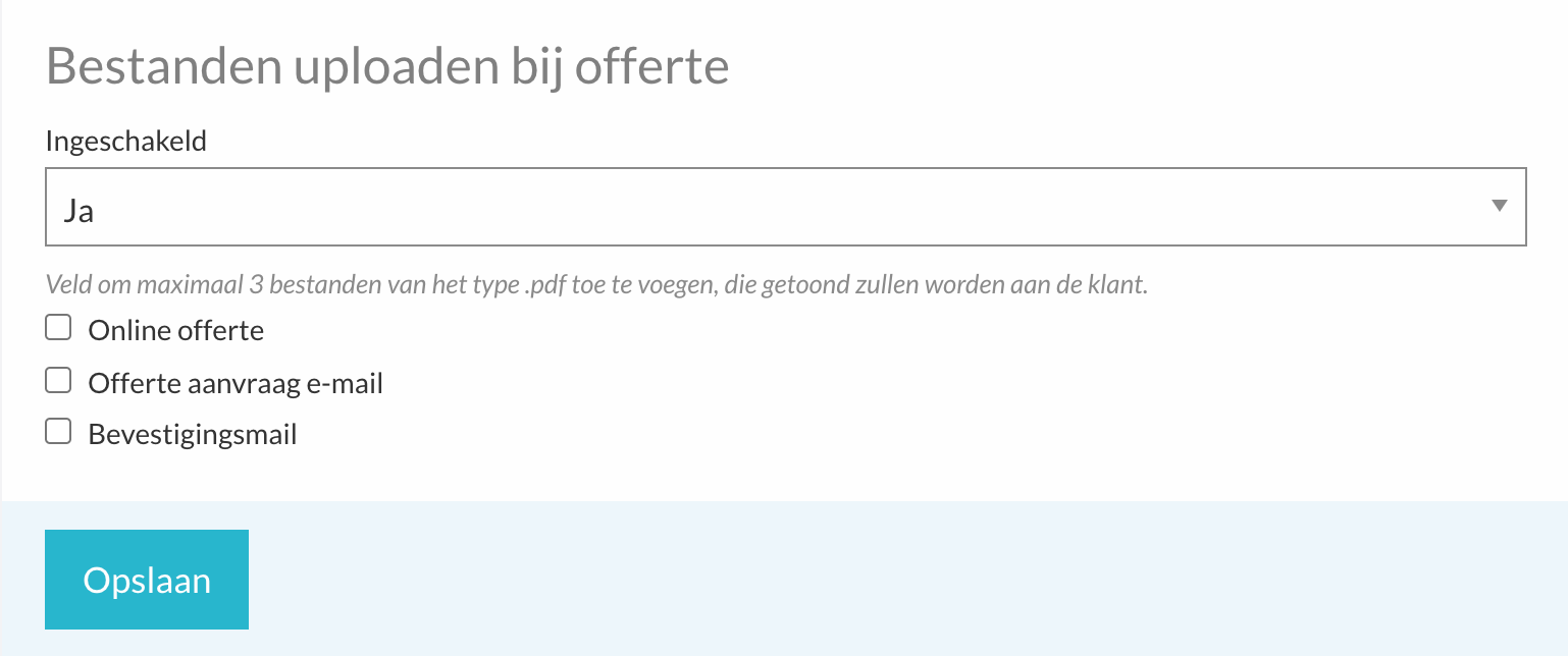 De optie 'Bestanden uploaden bij offerte' met de zichtbaarheidsopties in de flow-instellingen