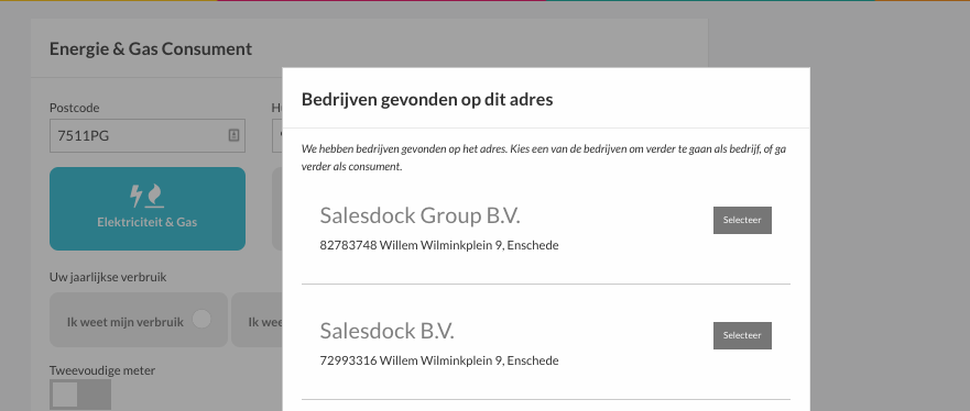 Pop-up met gevonden bedrijven op de postcode