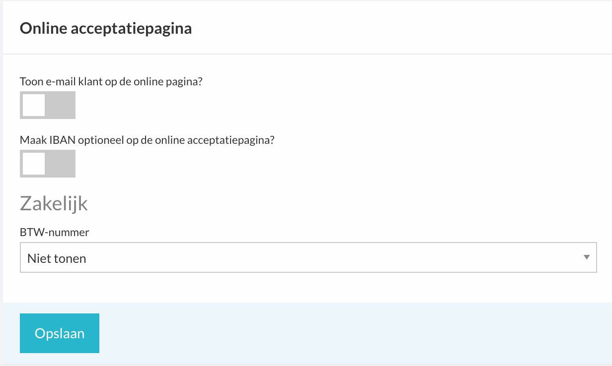 De btw-nummer-instelling voor de online acceptatiepagina