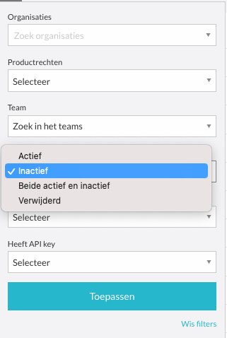 Het filter op Inactief of Verwijderd zetten in het gebruikersoverzicht