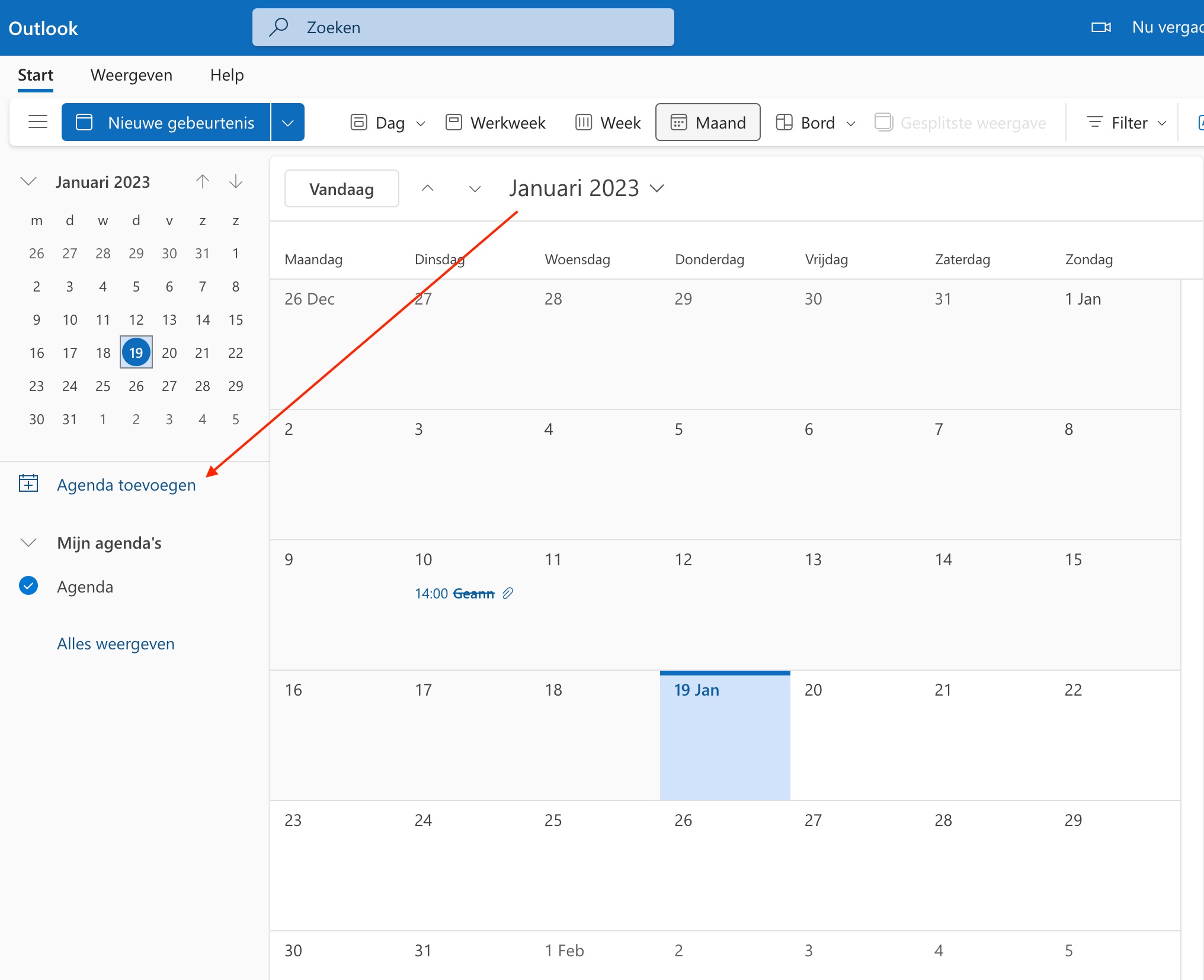 In Outlook op Agenda toevoegen klikken
