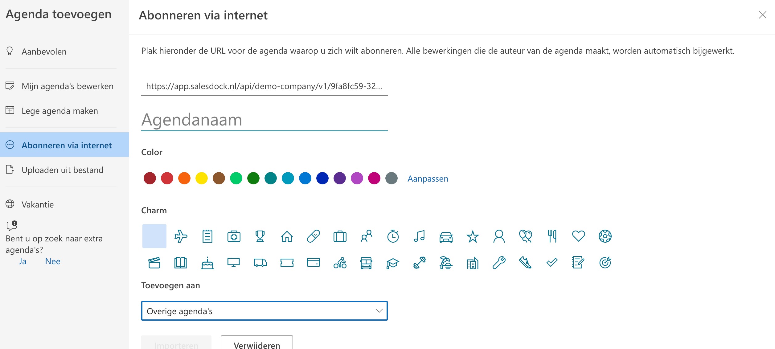 De URL plakken en de agenda importeren in Outlook