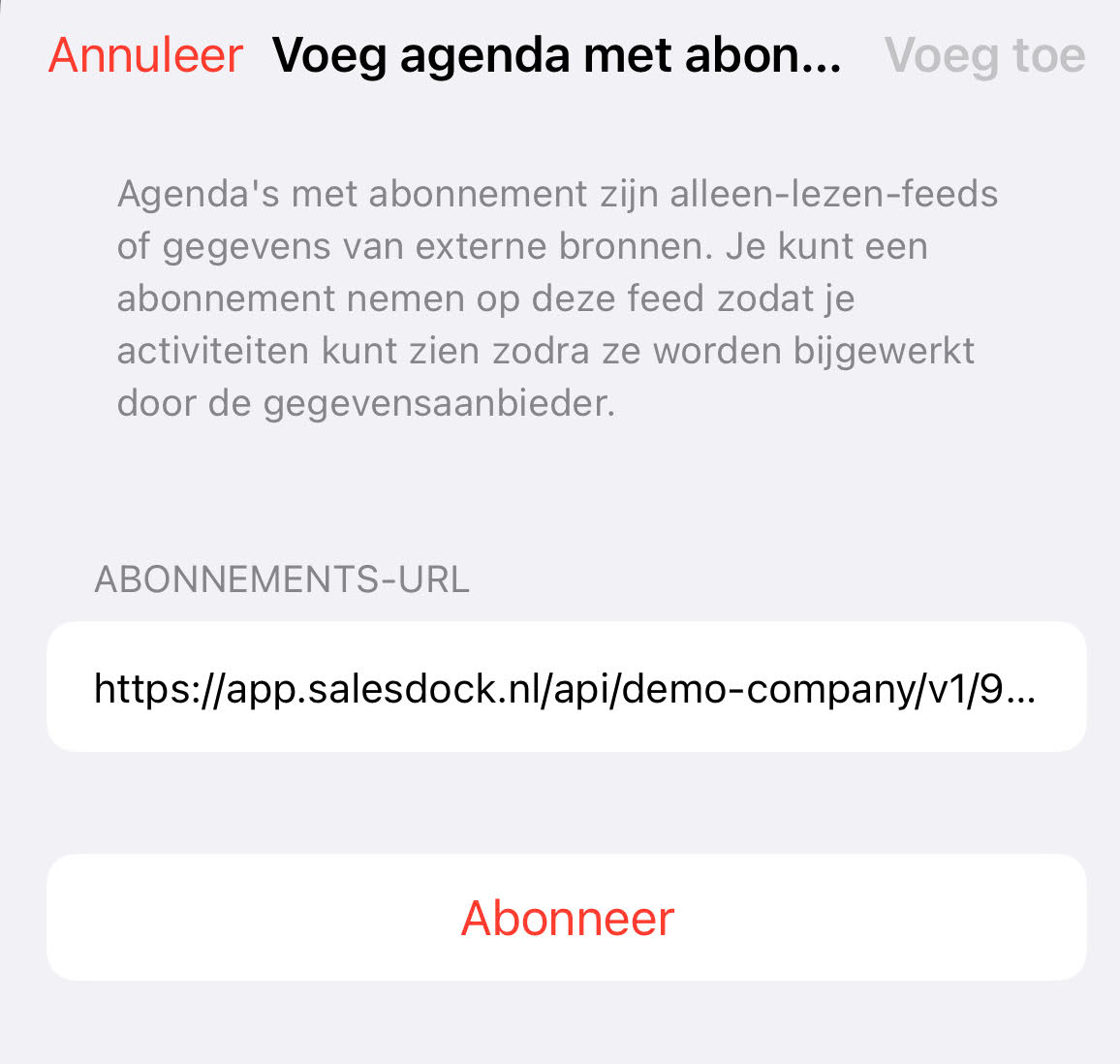 De URL plakken en abonneren in Apple Agenda