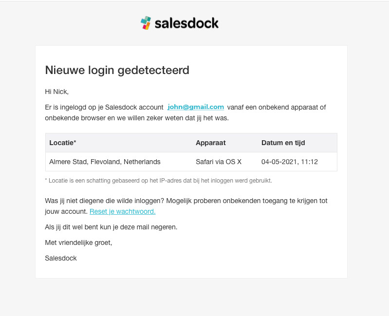 Voorbeeld van de Security notification-e-mail