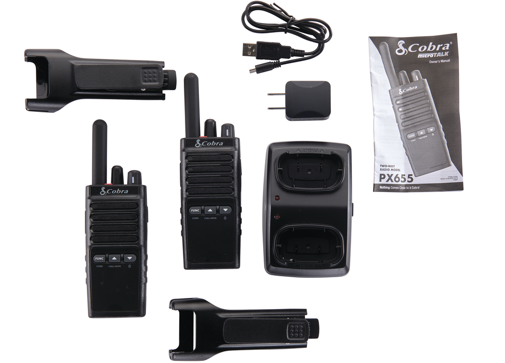 Two PX650 radios with two belt-clips and 2-way charging dock with cable and AC adapter