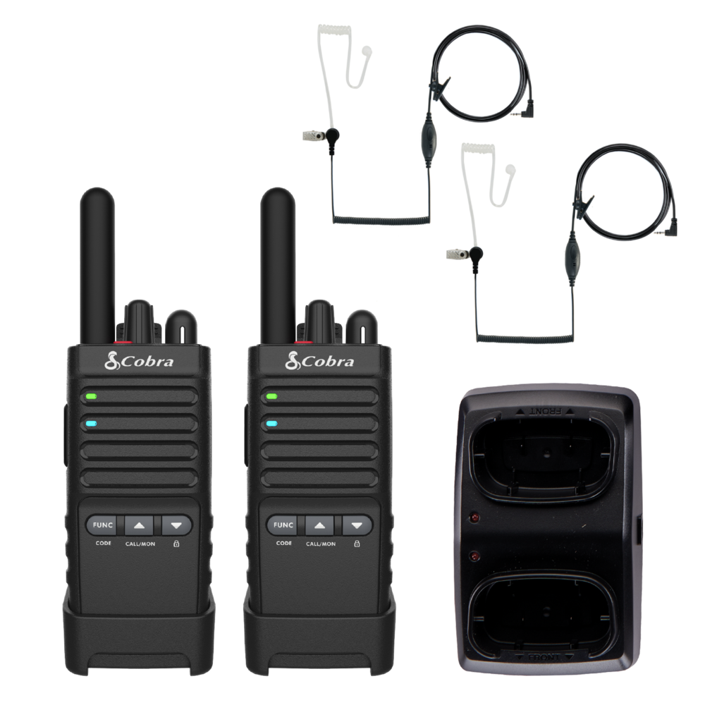 Two PX650 radios with 2-way charging dock and two surveillance headsets