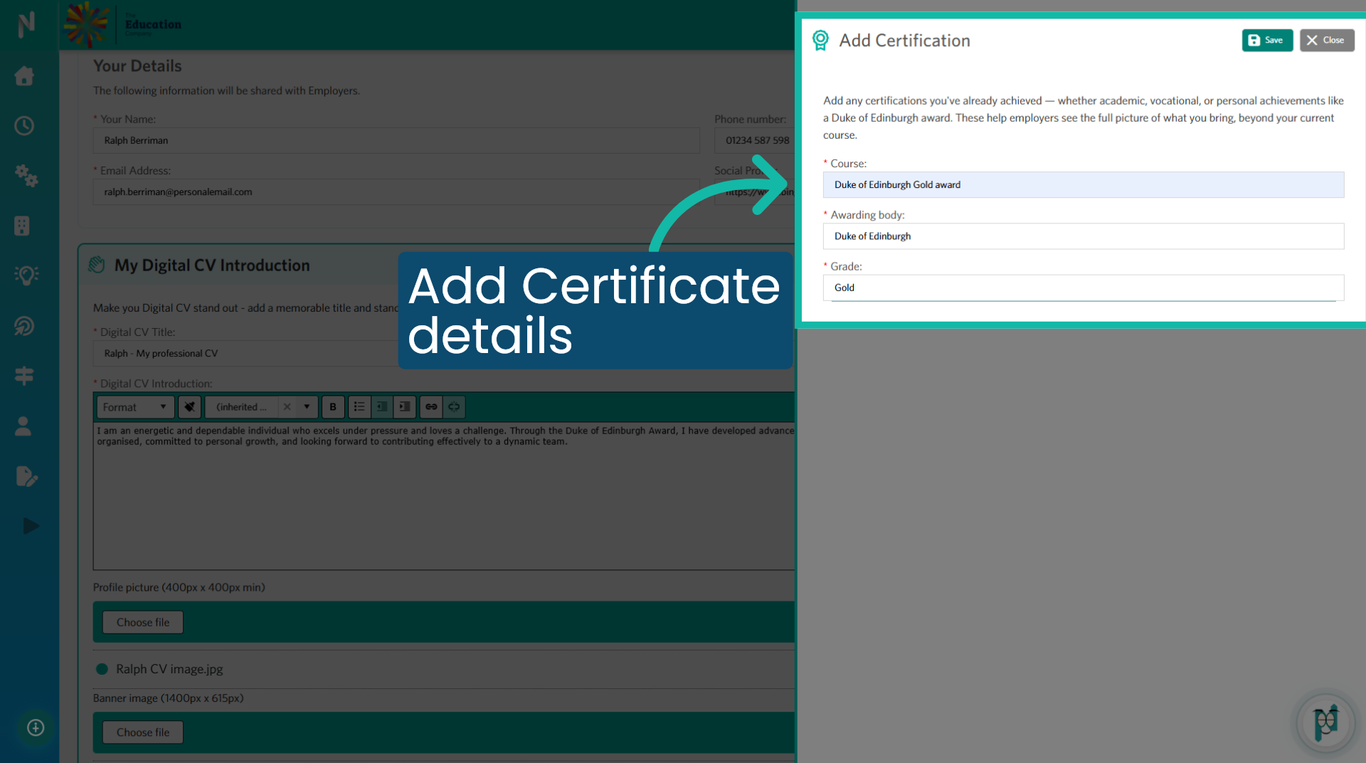 Add Certificate details