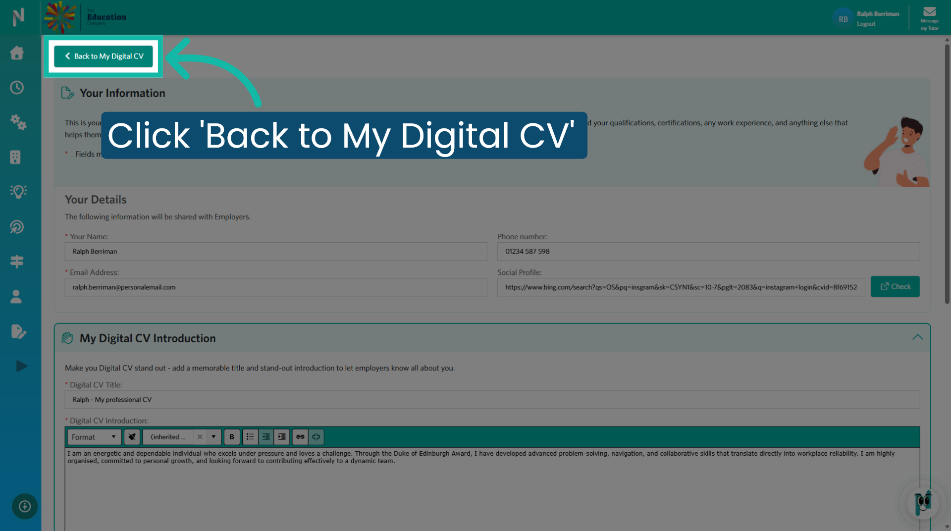 Click 'Back to My Digital CV'