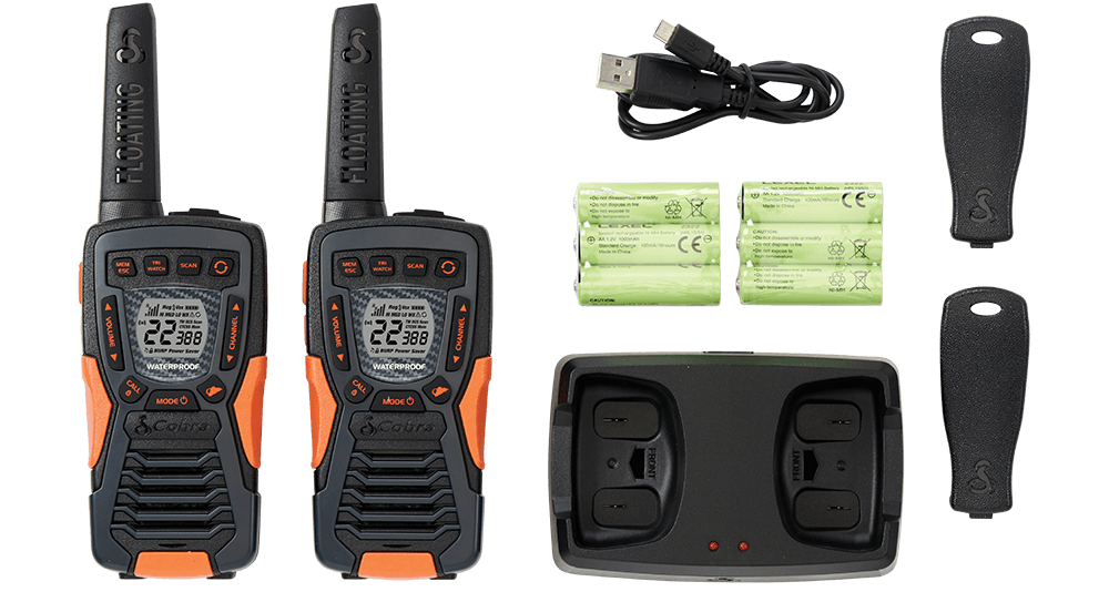 2 ACXT1035R FLT radios with batteries, belt clips, 2-port charging dock and charging cable