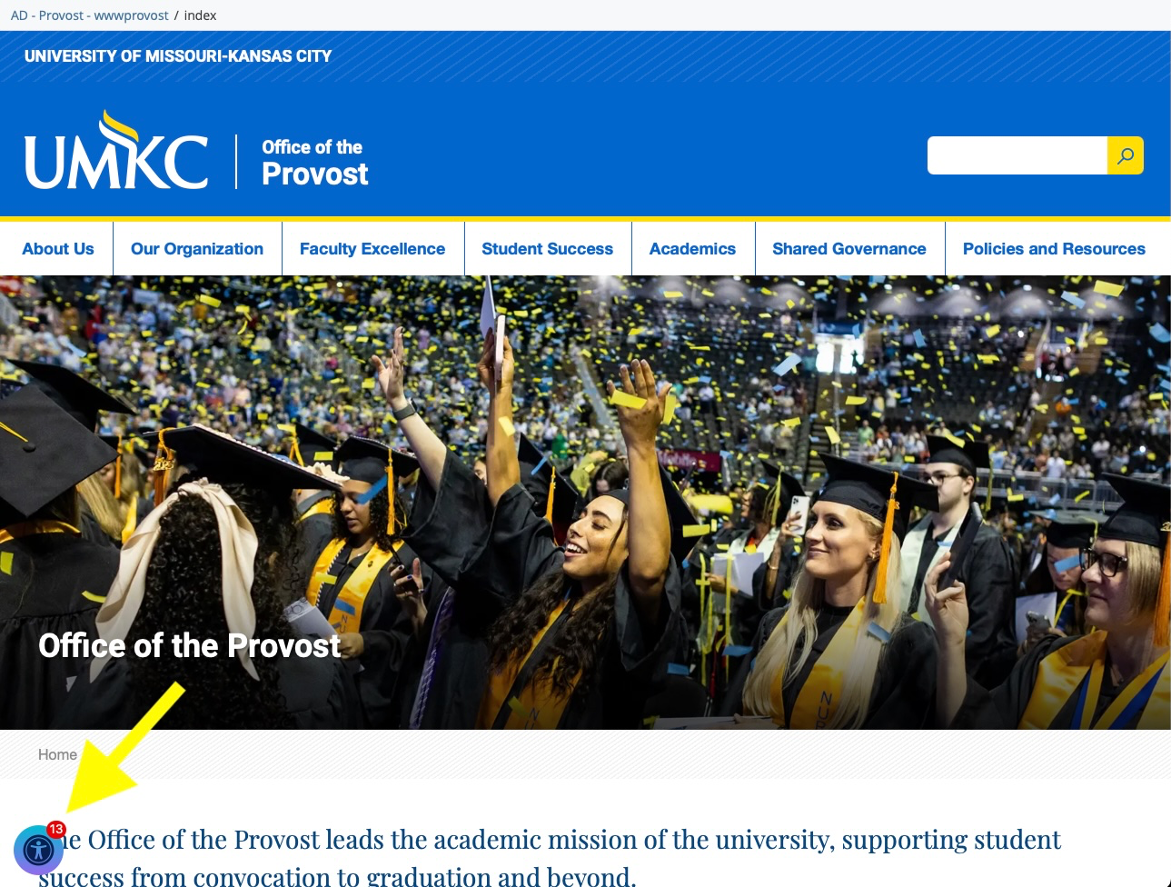 Website screenshot with an arrow pointing to the Sa11y icon.