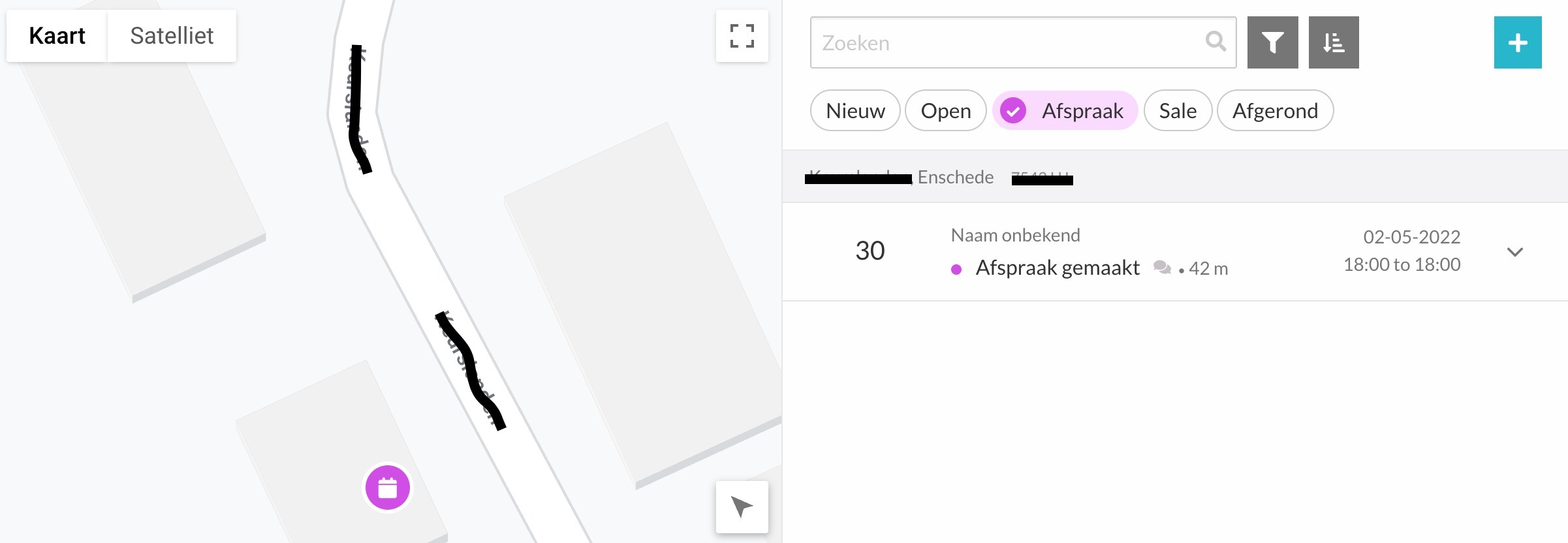 Paarse afspraak-marker op de Outside-kaart