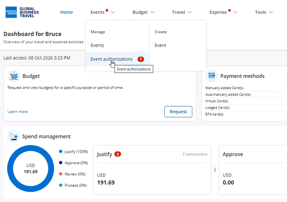 Events Authorizations page showing a notification of events pending authorization
