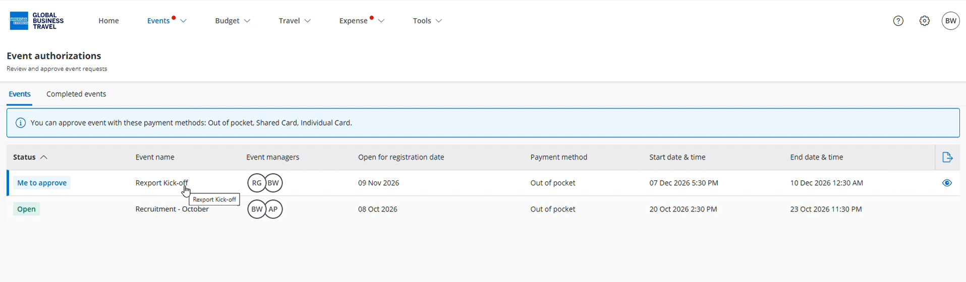 List of events pending authorization