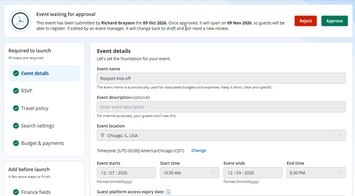 Approve and Reject buttons at the top of the event page