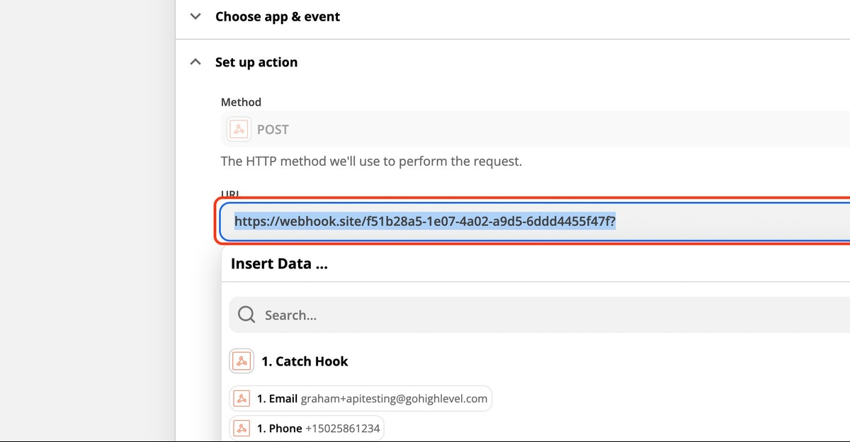 Replace the HighLevel API URL with the Webhook.site testing URL