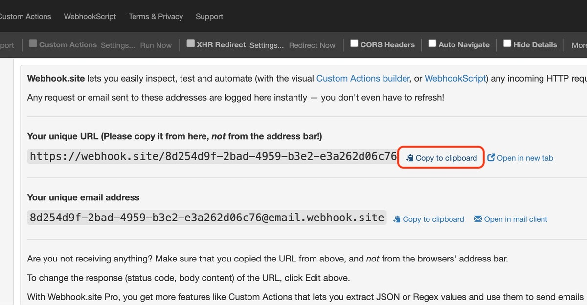 Click on "Copy to clipboard" next to your unique Testing Webhook on the homepage