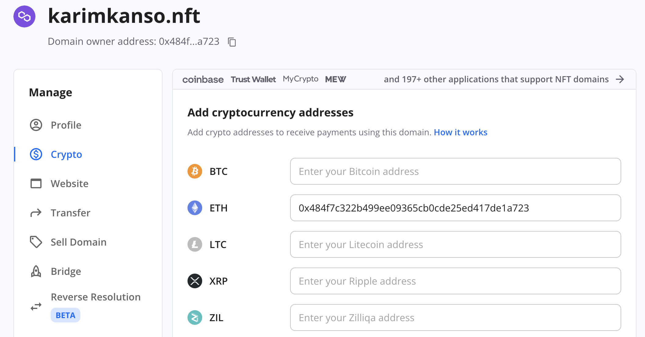 Adding Addresses from the Wallet Unstoppable Domains