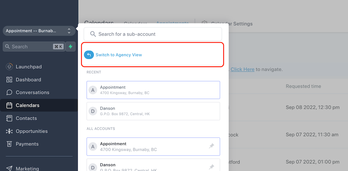 Click on Switch to Agency View