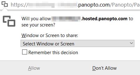 Image of the Pop-up Permissions window in Firefox, prompting a user to allow Panopto to see their screen.