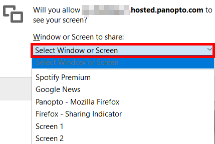 The Firefox permissions pop-up window with the "Select window or screen" dropdown menu highlighted by a red box.
