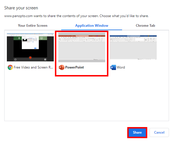 The Chrome "Share Your Screen" pop-up window appears with Application Window selected and an application and the Share button highlighted by a red box.