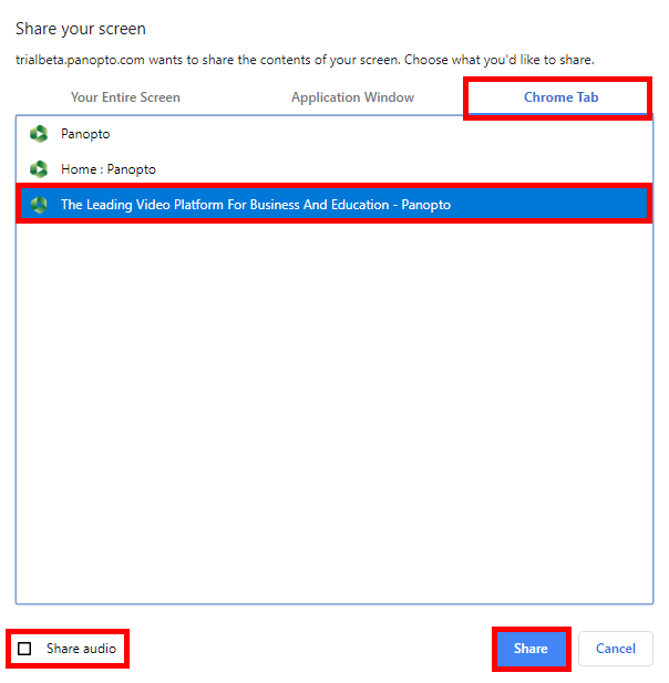 The Chrome "Share your screen" pop-up window appears with Chrome Tab and a tab option highlighted by a redbox, as well as the Share audio and Share button.