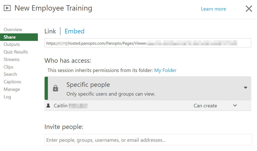 The Share Settings window from the Panopto site