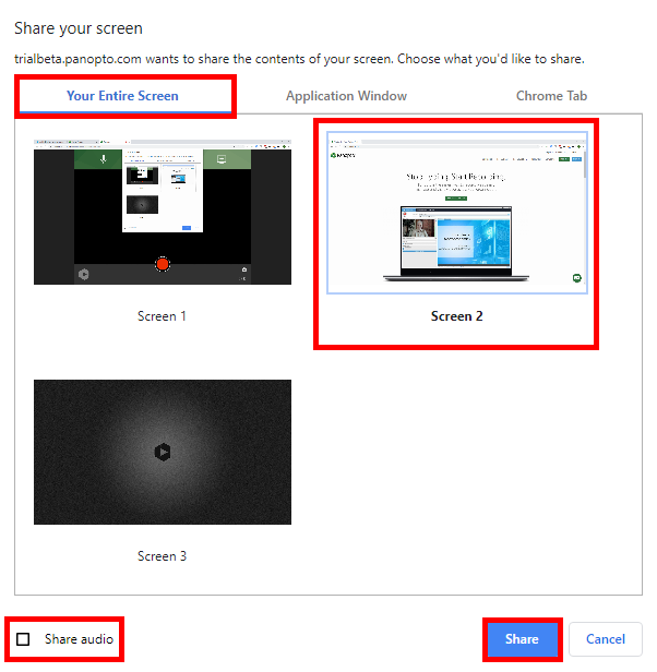 The Chrome "Share Your Screen" pop-up window appears with "Your Entire Screen" and a screen option highlighted by a red box, as well as the Share Audio option and Share button.