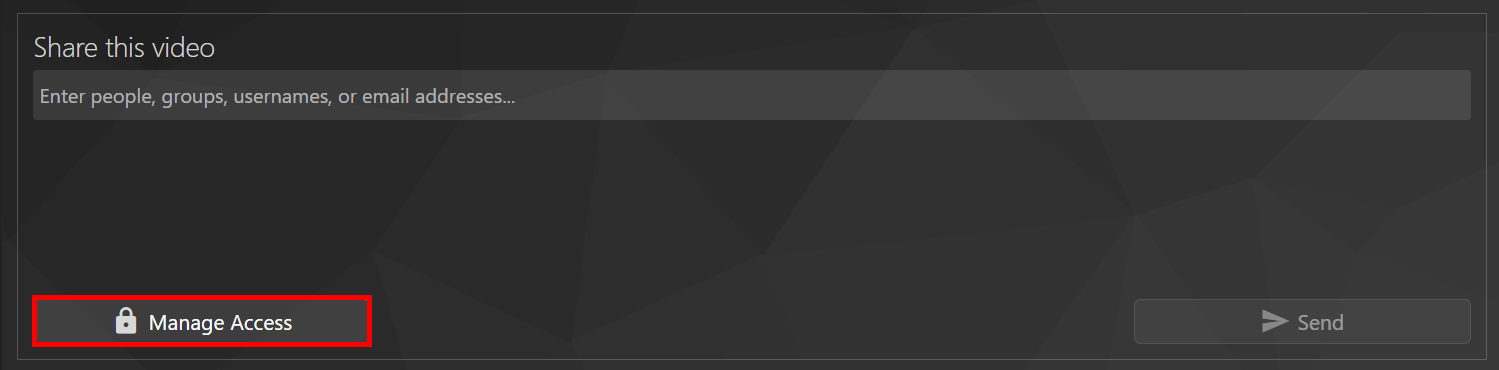 The Share this video section of the Processing page, with the Manage Access button highlighted by a red box