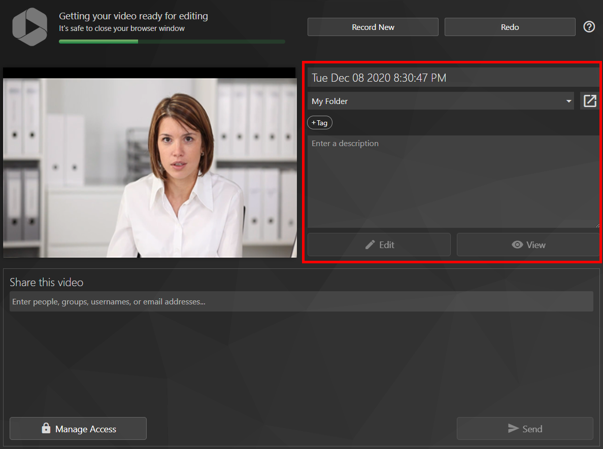 The processing and uploading page, with the Name, Folder, Tags, and Description sections highlighted by a red box