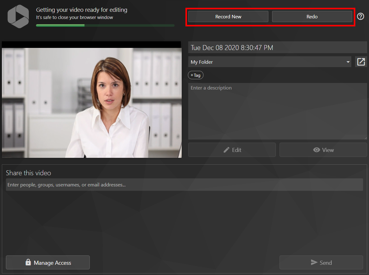 The processing page, with the "Record New" and "Redo" buttons highlighted by a red box.