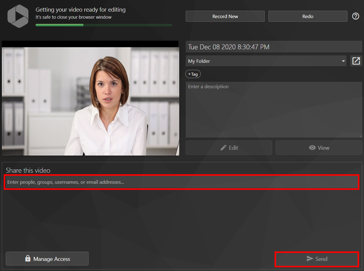 The processing and upload page, with the Share this video text box and Send buttons highlighted by a red box