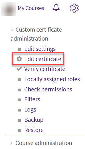 Admin menu with edit certificate selected