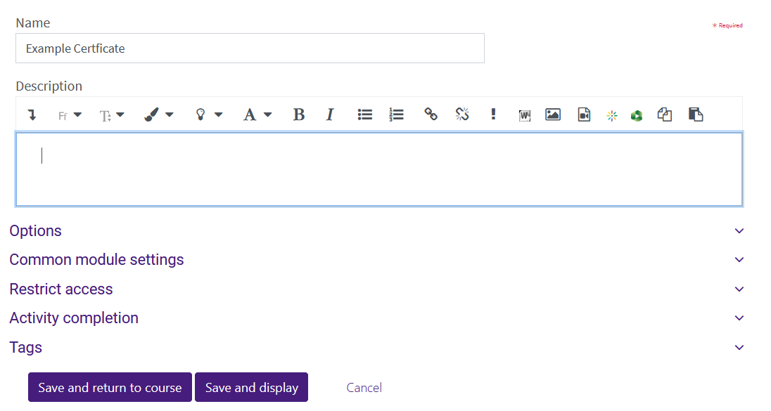 settings for certificate