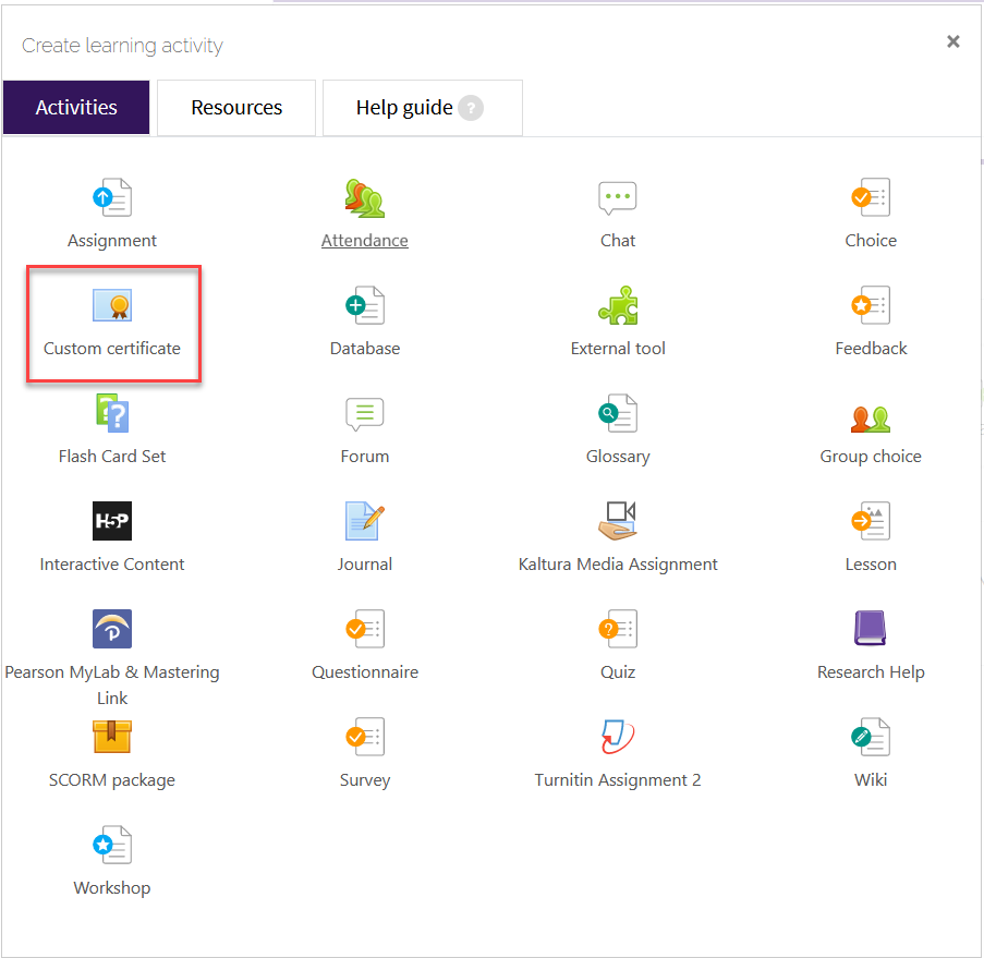 activity menu with certificate selected