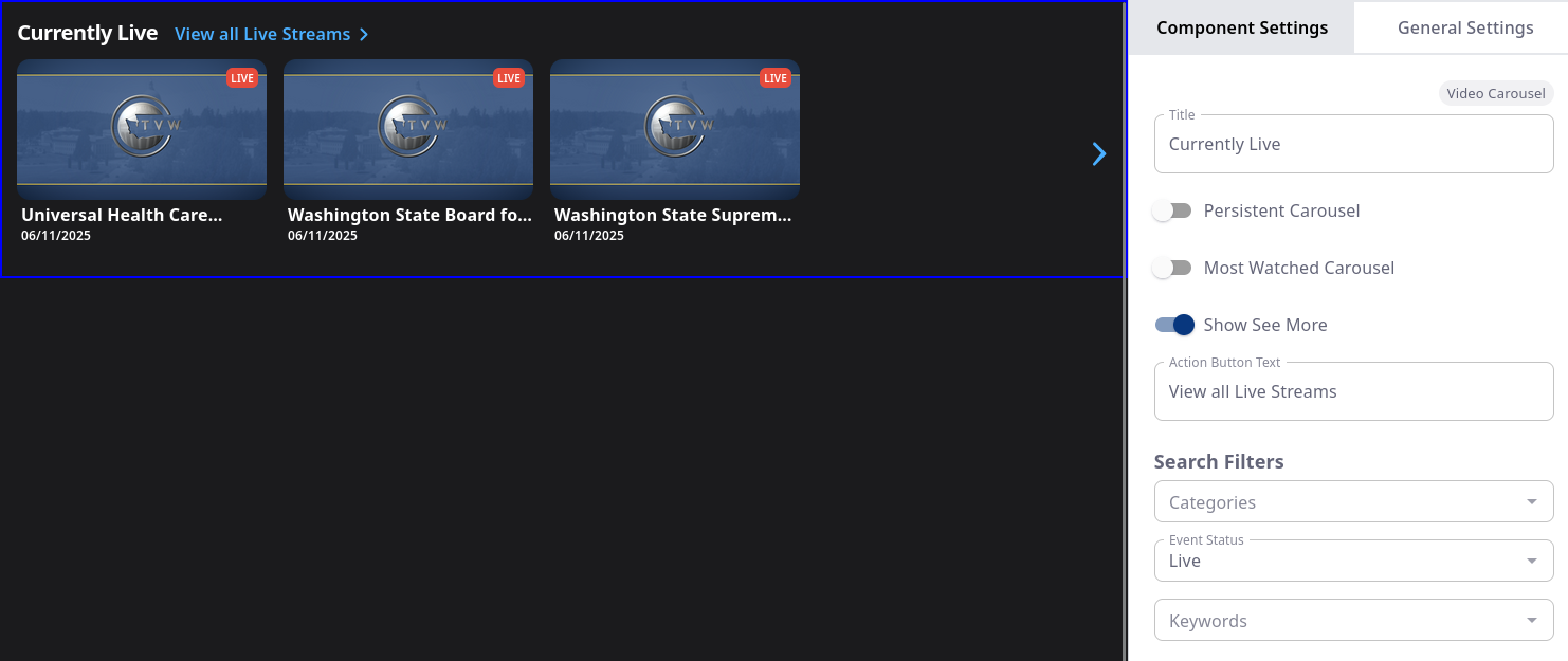 OTT Builder - Basic Carousel - List Live Streams Only