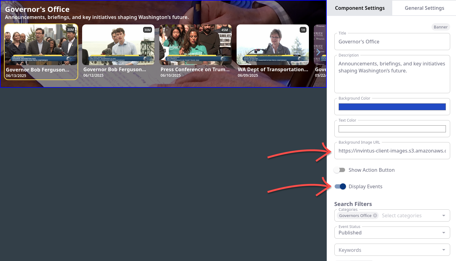 OTT Builder - Basic Banner - Event Carousel and Image Background example