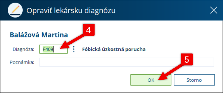 Úprava údajov v okne diagnózy a potvrdenie